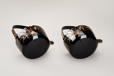 Lot 129 - A PAIR OF BLACK AND GOLD LACQUER CHOSHI (SAKE EWERS) AND COVERS