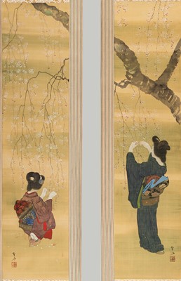 Lot 600 - NANPO: A PAIR OF HANGING SCROLLS WITH WOMEN AND CHERRY BLOSSOMS