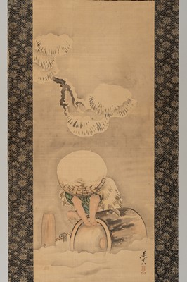 Lot 602 - AFTER SHIBATA ZESHIN: A HANGING SCROLL WITH A FARMER IN SNOW