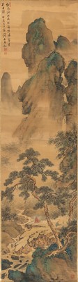 Lot 736 - A CHINESE LANDSCAPE SILK SCROLL PAINTING WITH FIGURES AND PINES, QING DYNASTY