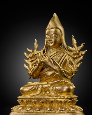 Lot 53 - A GILT-BRONZE FIGURE OF TSONGKHAPA, QING DYNASTY, 18TH CENTURY