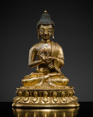 Lot 55 - A GILT-BRONZE FIGURE OF BUDDHA SHAKYAMUNI, 18TH CENTURY