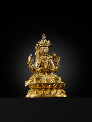 Lot 12 - A GILT-BRONZE FIGURE OF SHADAKSHARI LOKESHVARA, 18TH CENTURY