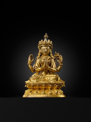 Lot 12 - A GILT-BRONZE FIGURE OF SHADAKSHARI LOKESHVARA, 18TH CENTURY