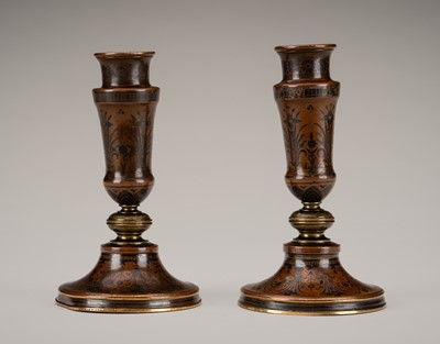 Lot 20 - A PAIR OF GILT AND DAMASCENED COPPER 'JAPONISME' CANDLESTICKS, CHRISTOFLE & CIE, 19TH CENTURY