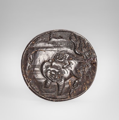 Lot 1730 - A RARE COCONUT SHELL MANJU NETSUKE WITH TIGERS