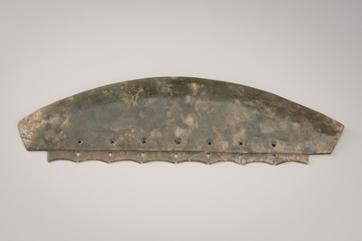 Lot 831 - A LARGE ARCHAISTIC JADE BLADE WITH NOTCHED EDGE