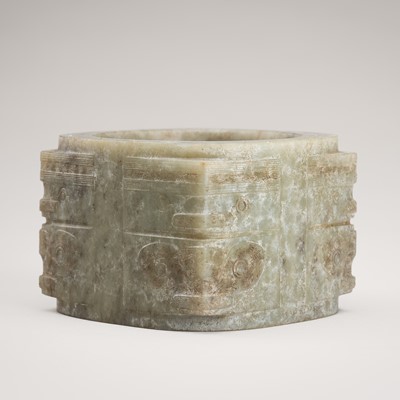 Lot 835 - AN ARCHAISTIC TWO-TIERED MOTTLED JADE CONG, LIANGZHU CULTURE STYLE