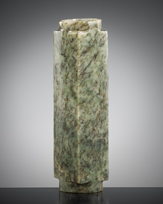 Lot 131 - A MOTTLED GREEN JADE CONG, NEOLITHIC PERIOD