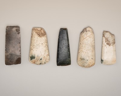 Lot 797 - A FINE LOT WITH FIVE JADE / STONE AXES, FU, NEOLITHIC PERIOD