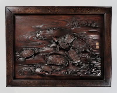 Lot 365 - GOTO KOYU: A MASTERFUL AND LARGE WOOD PANEL DEPICTING TURTLES