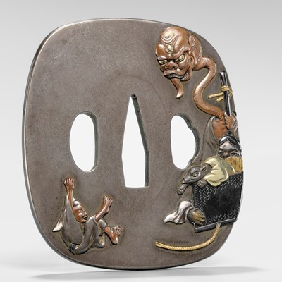 Lot 72 - A FINE TSUBA DEPICTING ARABA AND THE YOKAI BOX, FROM THE TALE OF THE TONGUE-CUT SPARROW