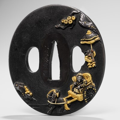 Lot 559 - GOTO TAIJO: A FINE SHAKUDO NANAKO TSUBA WITH A HORSE DRAWN CHARIOT