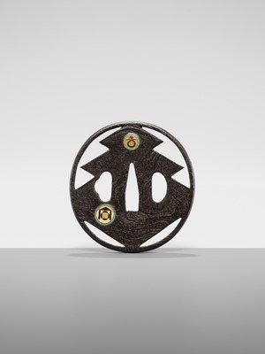 Lot 55 - UEDA MASAYOSHI: A RARE SHIPPO-INLAID IRON SUKASHI TSUBA WITH THE SANGAIBISHI MON