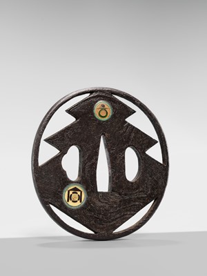 Lot 55 - UEDA MASAYOSHI: A RARE SHIPPO-INLAID IRON SUKASHI TSUBA WITH THE SANGAIBISHI MON