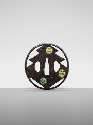 Lot 55 - UEDA MASAYOSHI: A RARE SHIPPO-INLAID IRON SUKASHI TSUBA WITH THE SANGAIBISHI MON