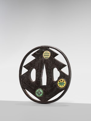 Lot 55 - UEDA MASAYOSHI: A RARE SHIPPO-INLAID IRON SUKASHI TSUBA WITH THE SANGAIBISHI MON