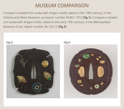 Lot 55 - UEDA MASAYOSHI: A RARE SHIPPO-INLAID IRON SUKASHI TSUBA WITH THE SANGAIBISHI MON