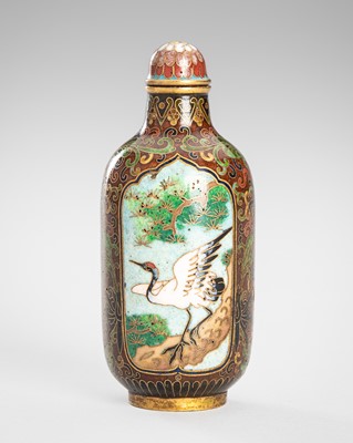 Lot 1064 - A FINE CLOISONNÉ ENAMEL SNUFF BOTTLE WITH CRANES, 19th CENTURY