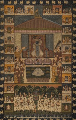 Lot 358 - A PICCHVAI DEPICTING SHRI NATHJI BEING WORSHIPPED DURING ANNAKUT, THE FESTIVAL OF FIFTY-SIX OFFERINGS, 19TH CENTURY