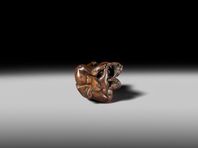 Lot 173 - A WOOD NETSUKE OF KINTARO WITH TWO RABBITS, CIRCLE OF TAMETAKA
