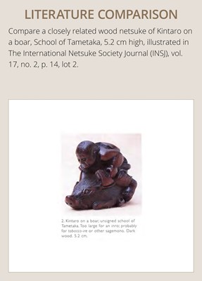 Lot 173 - A WOOD NETSUKE OF KINTARO WITH TWO RABBITS, CIRCLE OF TAMETAKA