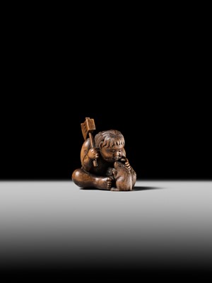 Lot 173 - A WOOD NETSUKE OF KINTARO WITH TWO RABBITS, CIRCLE OF TAMETAKA