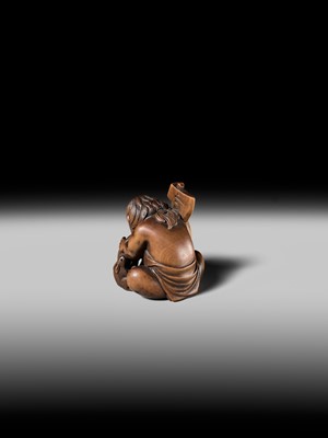 Lot 173 - A WOOD NETSUKE OF KINTARO WITH TWO RABBITS, CIRCLE OF TAMETAKA