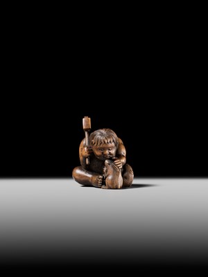 Lot 173 - A WOOD NETSUKE OF KINTARO WITH TWO RABBITS, CIRCLE OF TAMETAKA