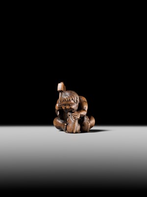 Lot 173 - A WOOD NETSUKE OF KINTARO WITH TWO RABBITS, CIRCLE OF TAMETAKA