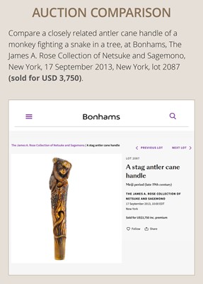 Lot 530 - AN AMUSING ANTLER CANE HANDLE OF MONKEYS AND BIRDS ON A PINE TREE
