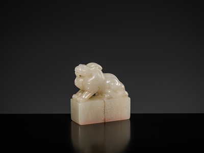 Lot 120 - A FINE ‘MYTHICAL BEAST’ JADE SEAL FROM TAO DUANFANG (1861-1911), BY HUANG SHILING (1849-1908), DATED 1902
