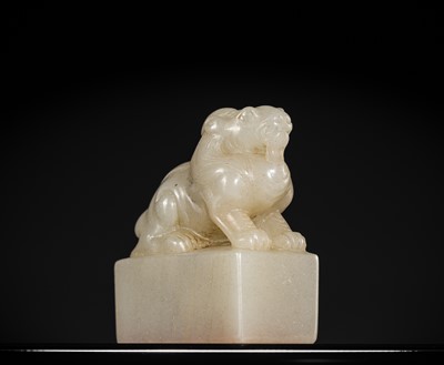 Lot 120 - A FINE ‘MYTHICAL BEAST’ JADE SEAL FROM TAO DUANFANG (1861-1911), BY HUANG SHILING (1849-1908), DATED 1902