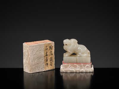 Lot 120 - A FINE ‘MYTHICAL BEAST’ JADE SEAL FROM TAO DUANFANG (1861-1911), BY HUANG SHILING (1849-1908), DATED 1902
