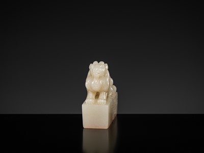 Lot 120 - A FINE ‘MYTHICAL BEAST’ JADE SEAL FROM TAO DUANFANG (1861-1911), BY HUANG SHILING (1849-1908), DATED 1902
