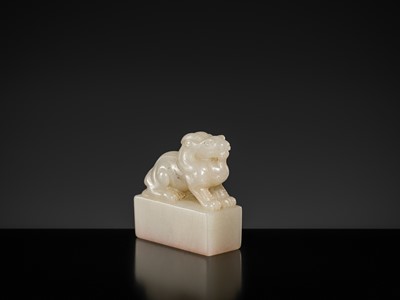 Lot 120 - A FINE ‘MYTHICAL BEAST’ JADE SEAL FROM TAO DUANFANG (1861-1911), BY HUANG SHILING (1849-1908), DATED 1902