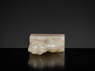 Lot 120 - A FINE ‘MYTHICAL BEAST’ JADE SEAL FROM TAO DUANFANG (1861-1911), BY HUANG SHILING (1849-1908), DATED 1902