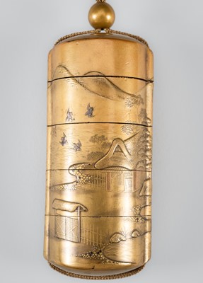 Lot 247 - KAJIKAWA BUNRYUSAI: A FINE FOUR-CASE GOLD LACQUER INRO WITH A MOUNTAINVIEW