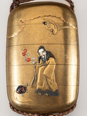 Lot 251 - SHOKASAI: AN INLAID FOUR-CASE GOLD LACQUER INRO DEPICTING SAGES