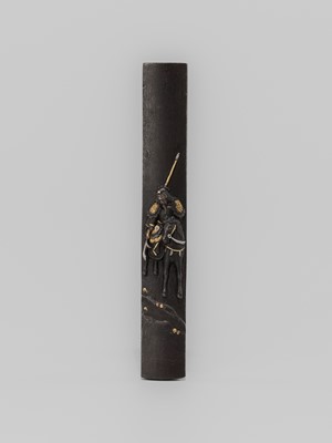 Lot 1929 - MINAMOTO SHIGEHIRO: AN AIZU SHOAMI SCHOOL IRON KOZUKA WITH THE CHINESE GENERAL KAN'U AND HIS STEED