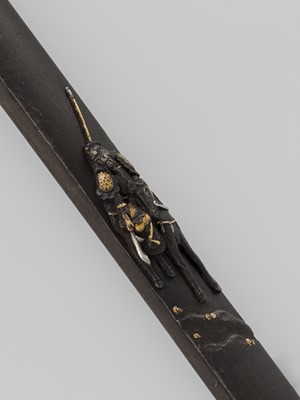 Lot 1929 - MINAMOTO SHIGEHIRO: AN AIZU SHOAMI SCHOOL IRON KOZUKA WITH THE CHINESE GENERAL KAN'U AND HIS STEED