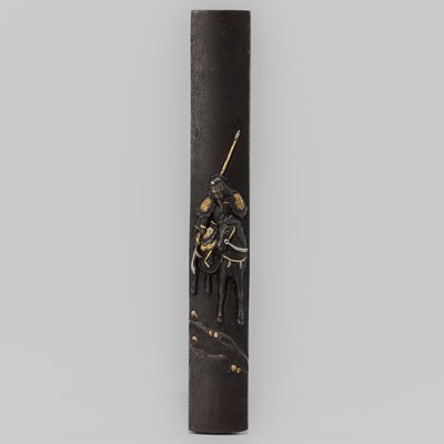 Lot 1929 - MINAMOTO SHIGEHIRO: AN AIZU SHOAMI SCHOOL IRON KOZUKA WITH THE CHINESE GENERAL KAN'U AND HIS STEED