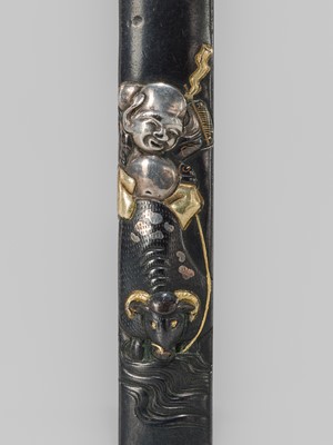 Lot 1616 - MASAYUKI: A FINE HAMANO SCHOOL SHIBUICHI KOZUKA WITH HOTEI RIDING AN OX