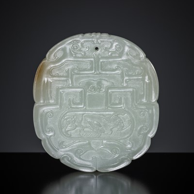 Lot 180 - A WHITE JADE ‘DRAGON AND PHOENIX’ PENDANT PLAQUE, 18th-19TH CENTURY