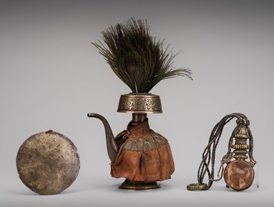 Lot 666 - A LOT WITH THREE COPPER-ALLOY RITUAL OBJECTS, TIBET, 19th CENTURY