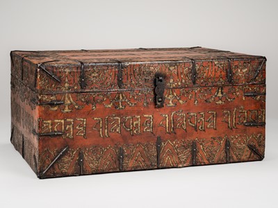 Lot 671 - A LARGE TIBETAN LACQUERED WOOD STORAGE BOX