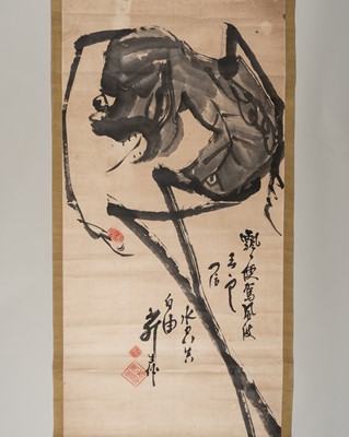 Lot 607 - A HANGING SCROLL WITH A CALLIGRAPHIC PAINTING OF A CRICKET