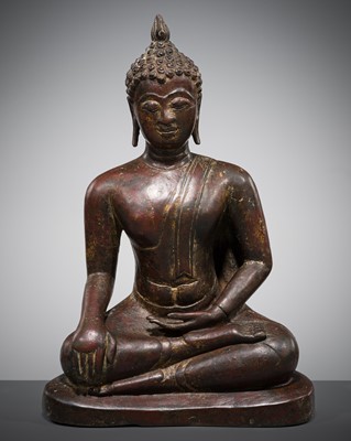 Lot 427 - A BRONZE FIGURE OF BUDDHA SHAKYAMUNI, NORTHERN SUKHOTHAI STYLE, 15TH-16TH CENTURY