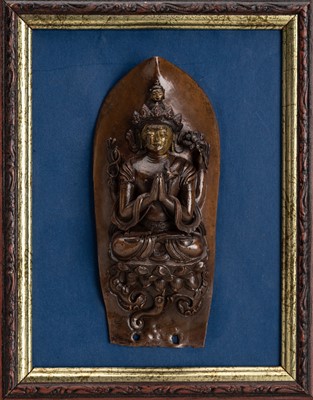 Lot 654 - A GILT AND COPPER-REPOUSSÉ LEAF WITH SHADAKSHARI LOKESHVARA, TIBETAN-CHINESE, 17TH CENTURY