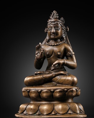 Lot 362 - A SILVER-INLAID BRONZE ‘KASHMIR REVIVAL’ FIGURE OF MAITREYA, 18TH CENTURY